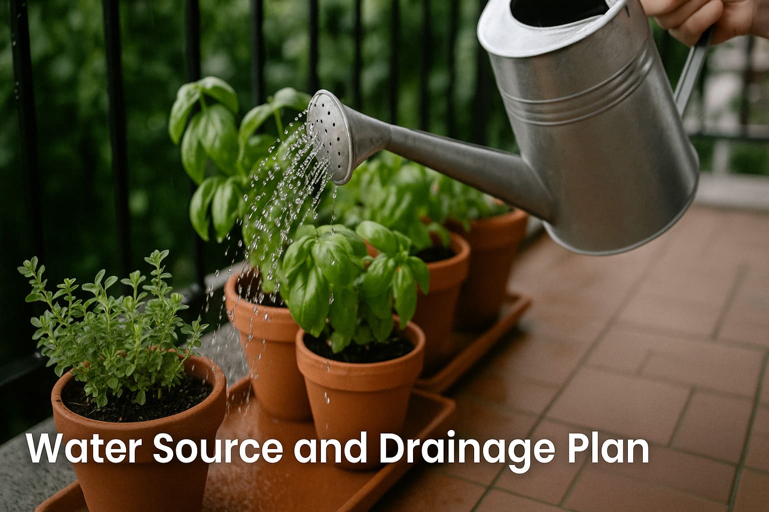 Urban Plant balcony gardening image showing watering can in use with proper drainage setup — water source and drainage plan for urban balconies